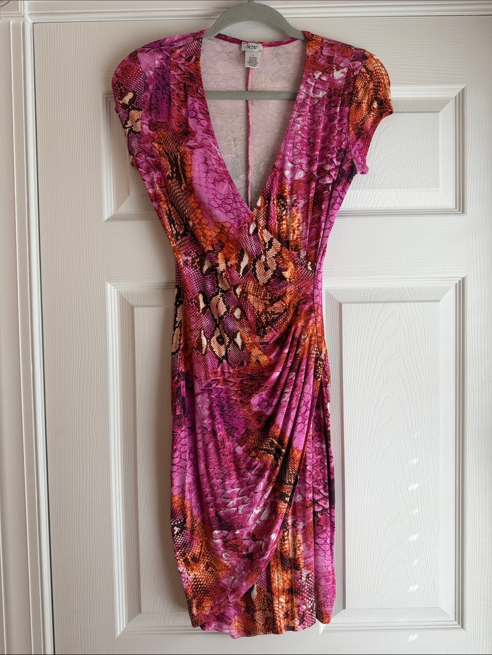 Cache Pink and Orange Snake-Print Wrap Midi Dress